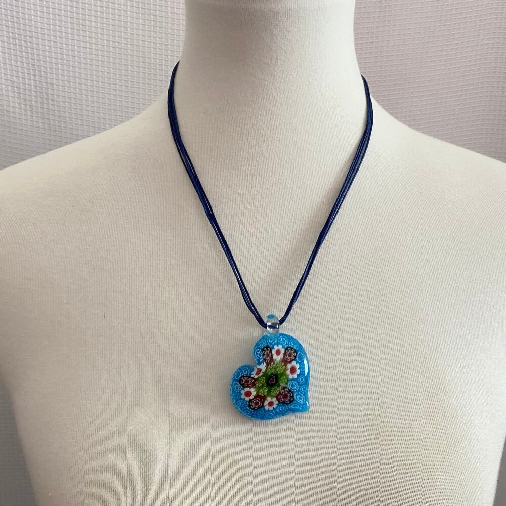 Millefiori Glass Heart Pendant Cord Necklace Blue Floral Vintage Boho Whimsigoth